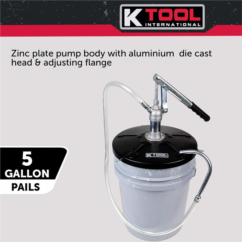 K-Tool International K Tool International 73993 Lever Action Bucket Pump with 4' PVC Hose for Garages, Repair Shops, and DIY, 5 Gallon, 2.14 oz. Per Stroke, 12" Drum Cover, Transmission Fluids and Heavy Oil, Black/Silver - Image 4